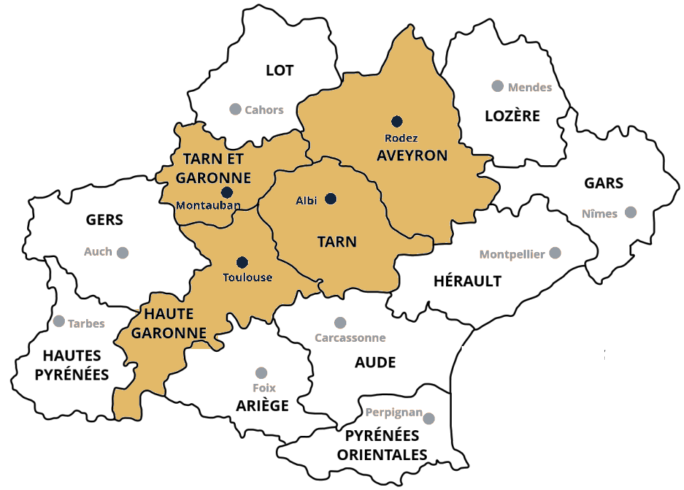 Carte de la région Occitanie et de ses départements — zones d’implantation de SARL Signature : Tarn, Haute-Garonne, Tarn-et-Garonne, Aveyron